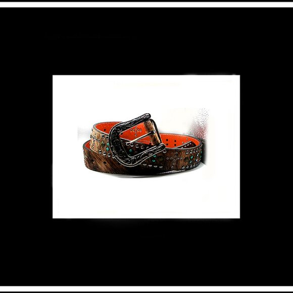 New Rare & Unique Rhinestones & Studs Brushed Animal Fur Genuine Leather Belt main image 3